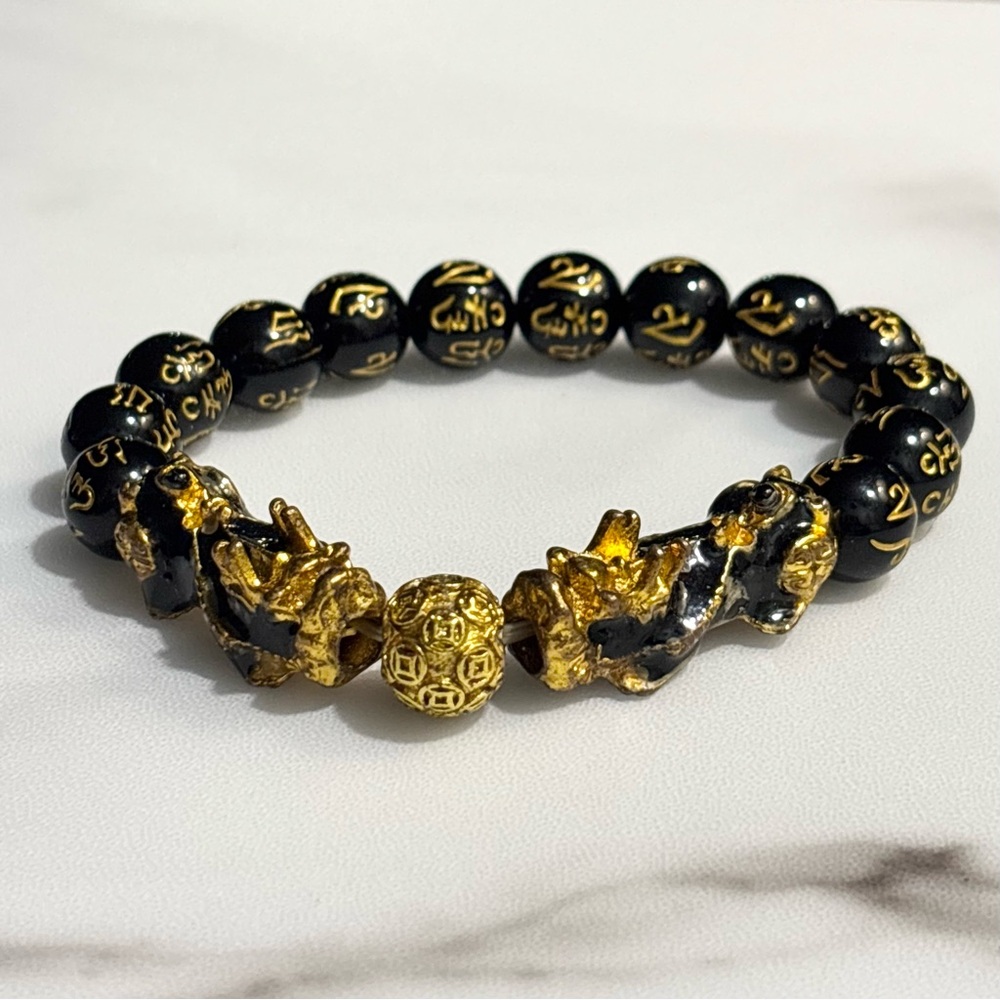 Feng Shui Black Gold Beaded Dragon Bracelet